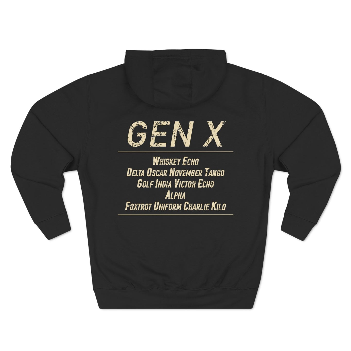 Black hoodie with 'GEN X' and military code text on a white background