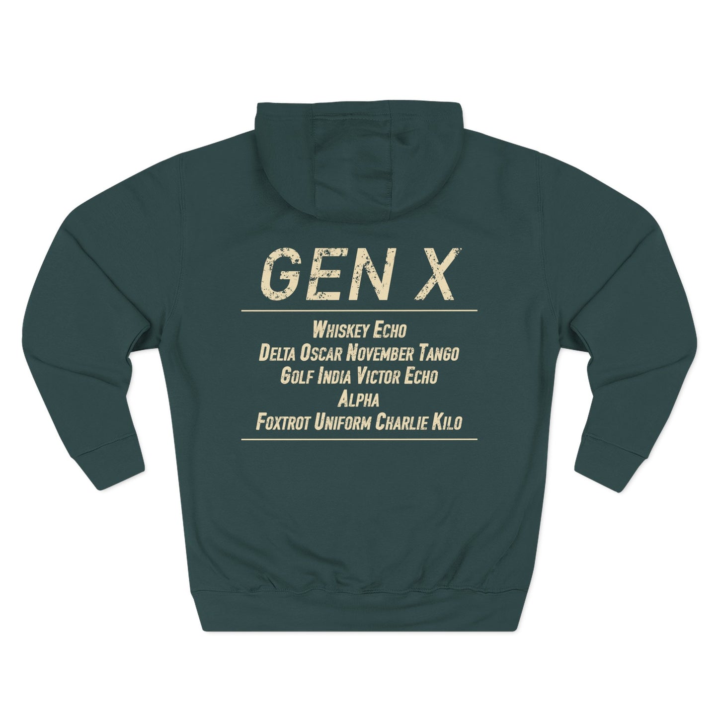 Gen X Hoodie – NATO Phonetic “GEN X” Back Print | Gen X 6580 (Black, Charcoal Heather, Sport Green)