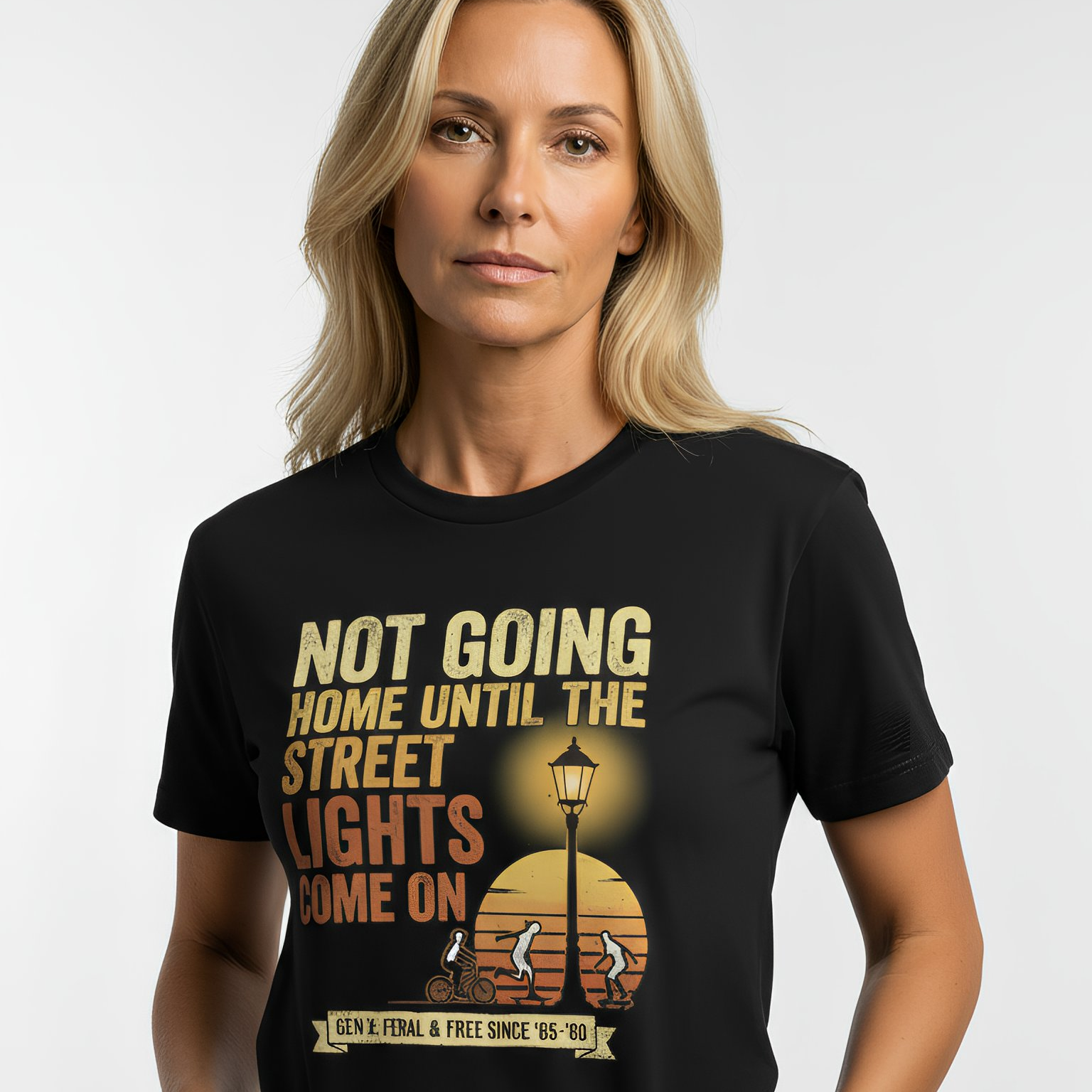 Woman wearing a black t-shirt with a graphic design and text on a white background